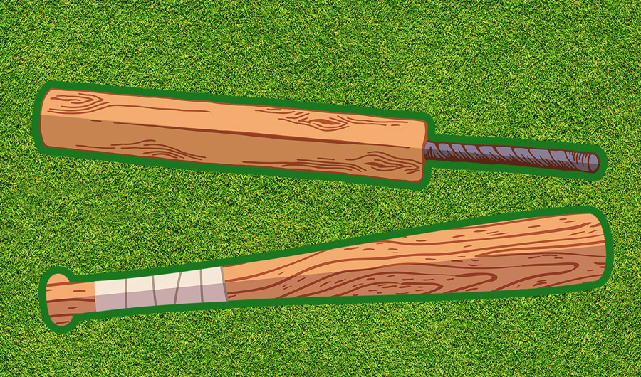 Composite image shows a cricket bat and a baseball bat laying on grass.