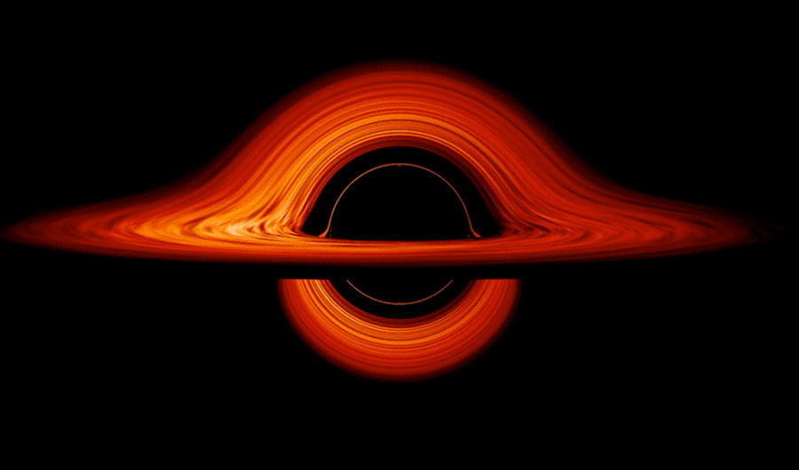 An orange acceleration disk around a black hole.