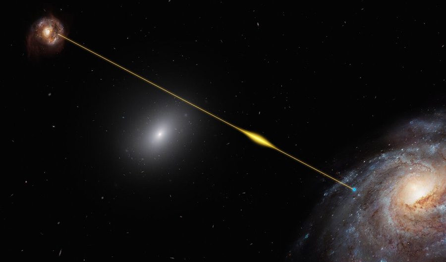 artist's impression depicts the fast radio burst (yellow) traveling through space and reaching Earth
