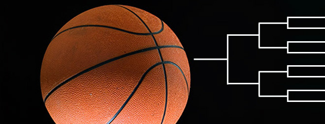 Photo of a basketball next to graphic of elimination brackets tree diagram.