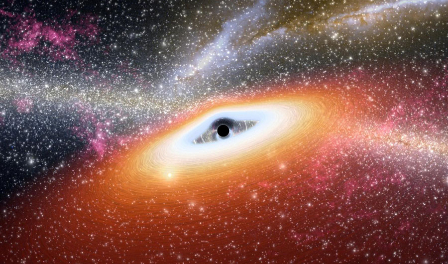 An artist's concept of a primitive black hole at the center of a young galaxy.