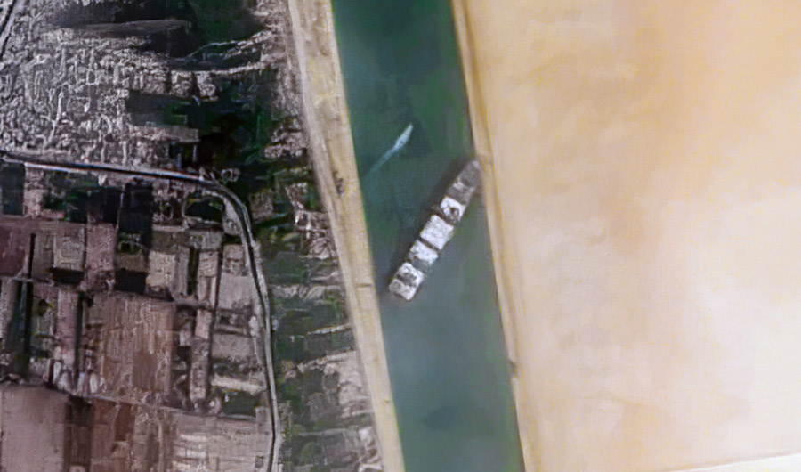 Satellite image of the container ship Ever Given, stuck in the Suez Canal
