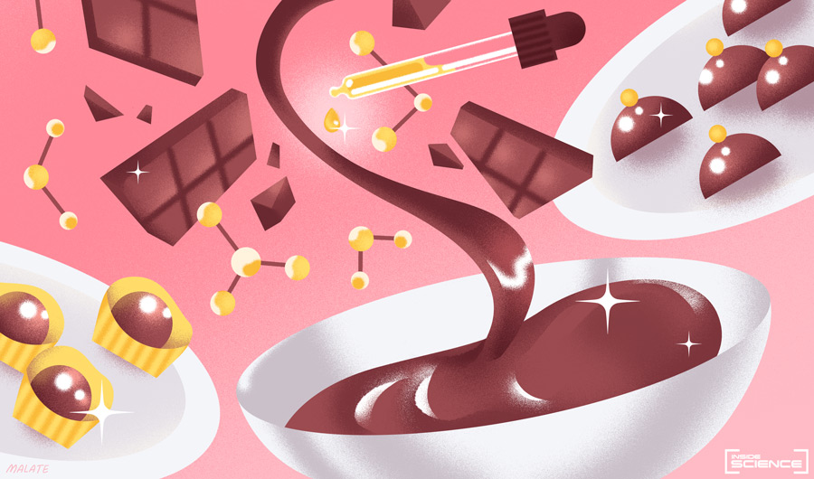 An illustration of an eyedropper adding an ingredient to melted chocolate