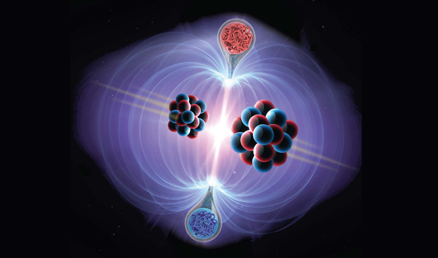 Artist's rendition of magnetic monopoles produced by two lead atoms colliding. 